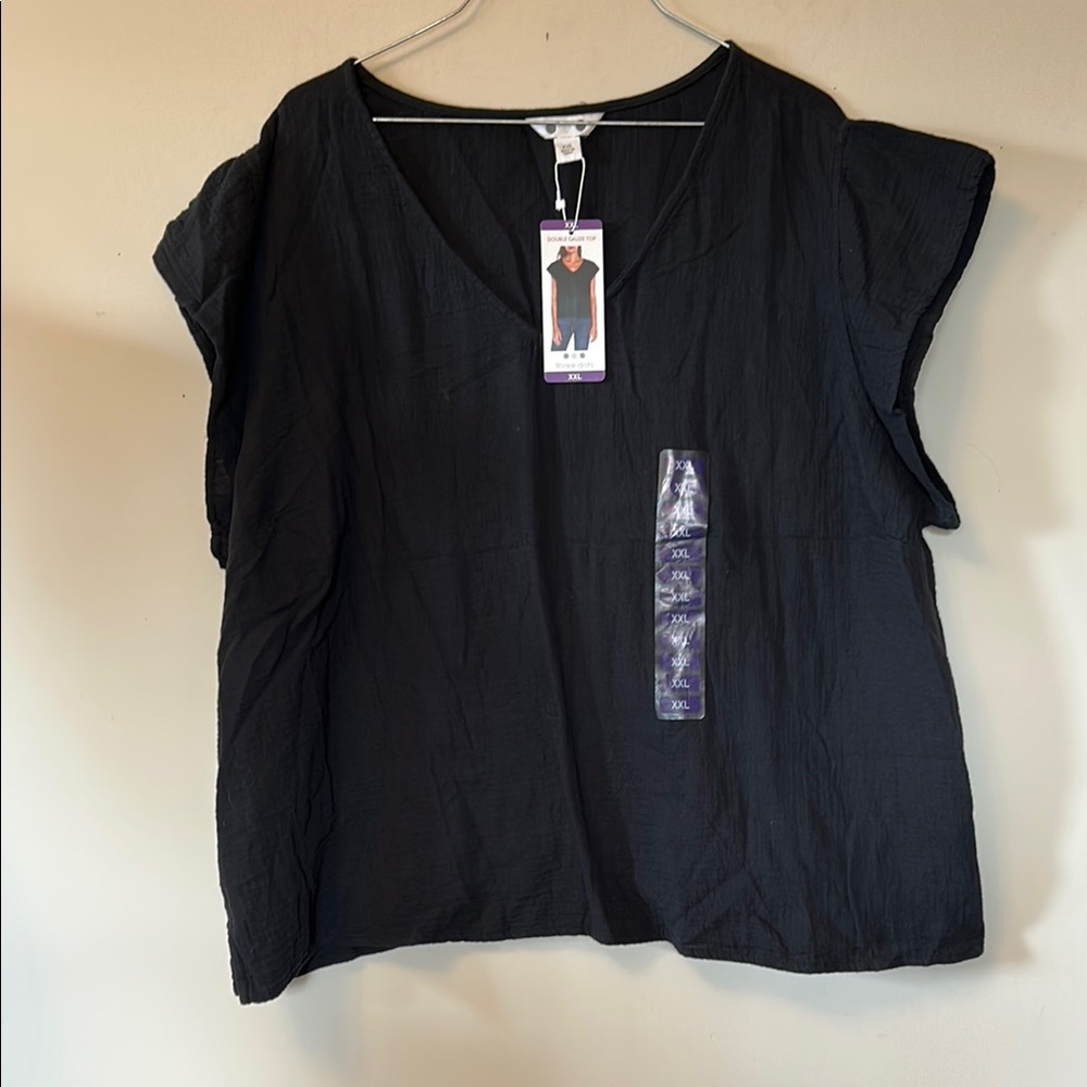 Three Dots black double gauze top V-Neck/short cap sleeves size XXL new with tag